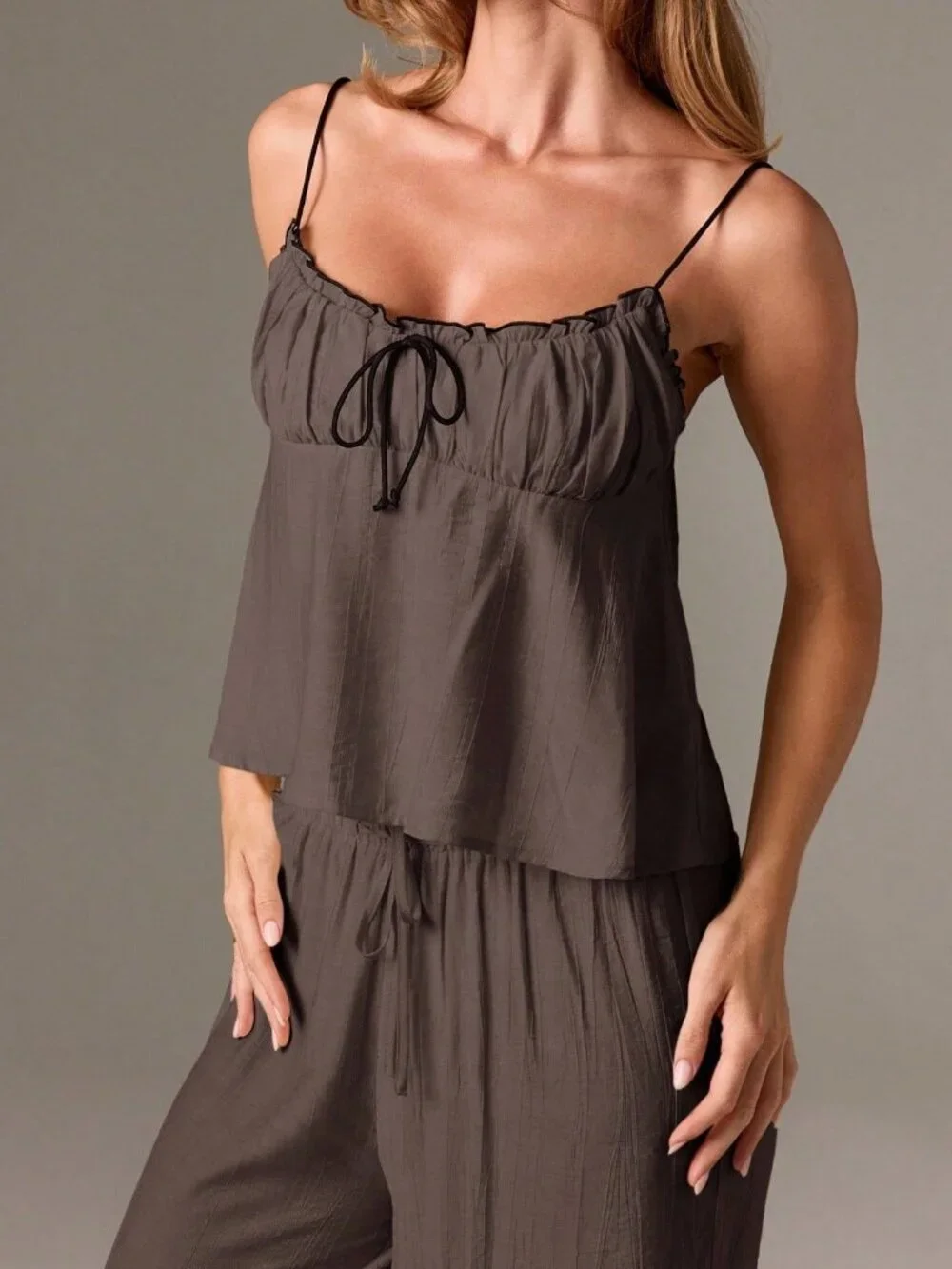 Chocolate Brown CasualWomen's Cami Top And Wide Leg Pants Pajama Set